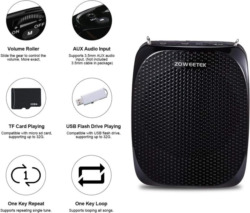 ZOWEETEK ZW-Z258 Portable Rechargeable Mini Voice Amplifier for Teachers with Wired Microphone Headset and Waistband,Supports MP3 Format Audio for Speech, Class, Training,Tour Guide,Power Amplifiers - Image 5