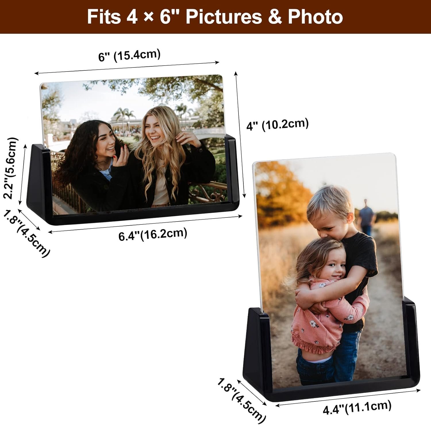 Boxalls 2 Pack Acrylic Picture Frames 4x6 with Translucent Black Base Stand, Frameless Photo Frame for Tabletop or Desktop Display (Horizontal + Vertical) - Image 4