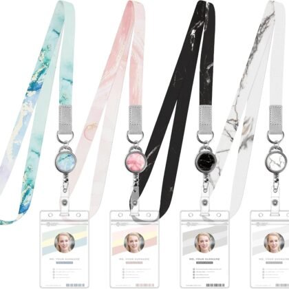 4 Pack Lanyards for Id Badges Retractable Badges Reels Marble Lanyard Teacher Lanyards with Waterproof Id Badge Holder for Cruise Ship Cards