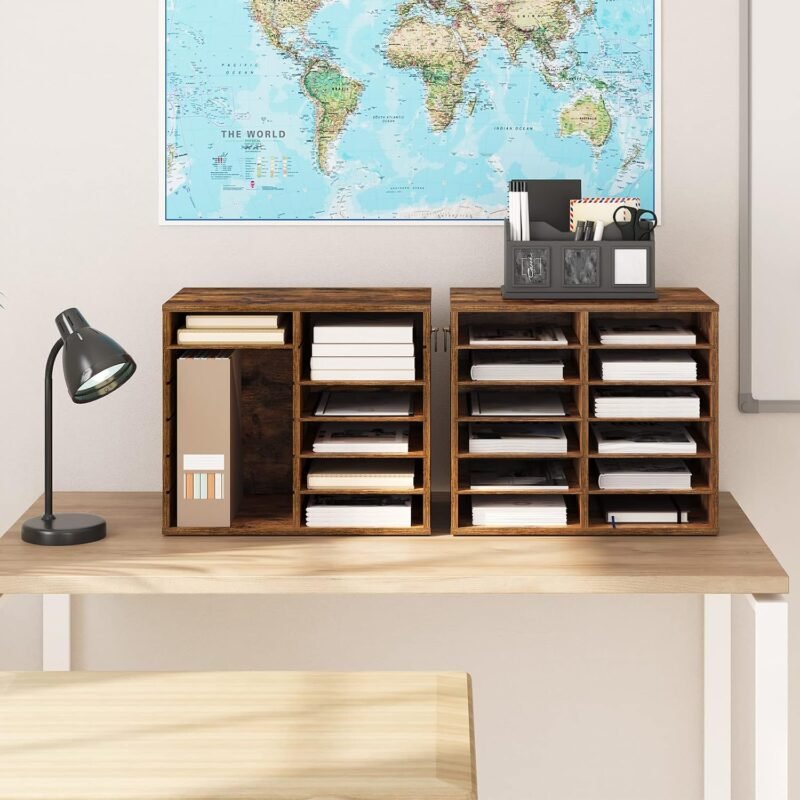 HOOBRO Literature Organizers, 12 Compartments Office Mailbox with Adjustable Shelves, Wood Countertop Literature Sorter for Office, Home, Classroom, Mailrooms Organization Rustic Brown FG12WF01 - Image 8