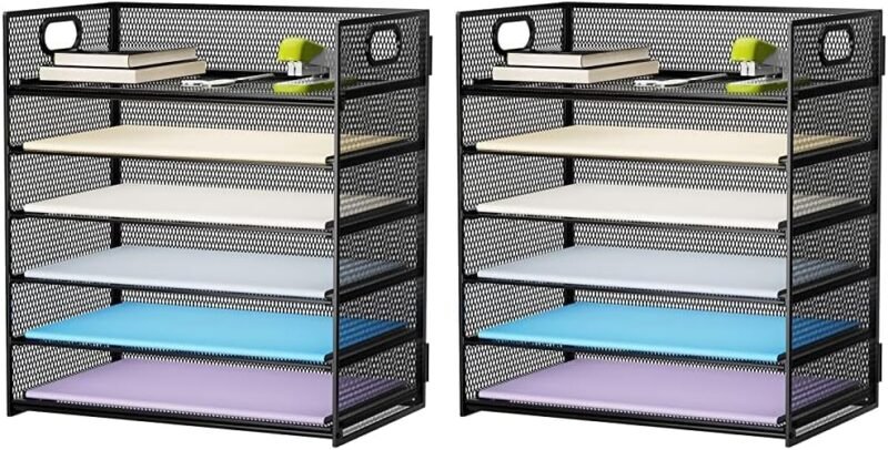 Marbrasse 6 Tier Paper Organizer Letter Tray - Mesh Desk File Organizer with Handle, Paper Sorter Organizer for Letter/A4 Office File Folder Holder - Black (Pack of 2)