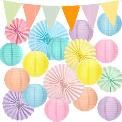 21Pcs Pastel Classroom Decor Colorful Pastel Hanging Paper Lanterns Paper Fans Triangle Flags Banners Set Round Lantern for Back to School Ceiling Supplies Home Indoor Birthday Party Ceremonial Event