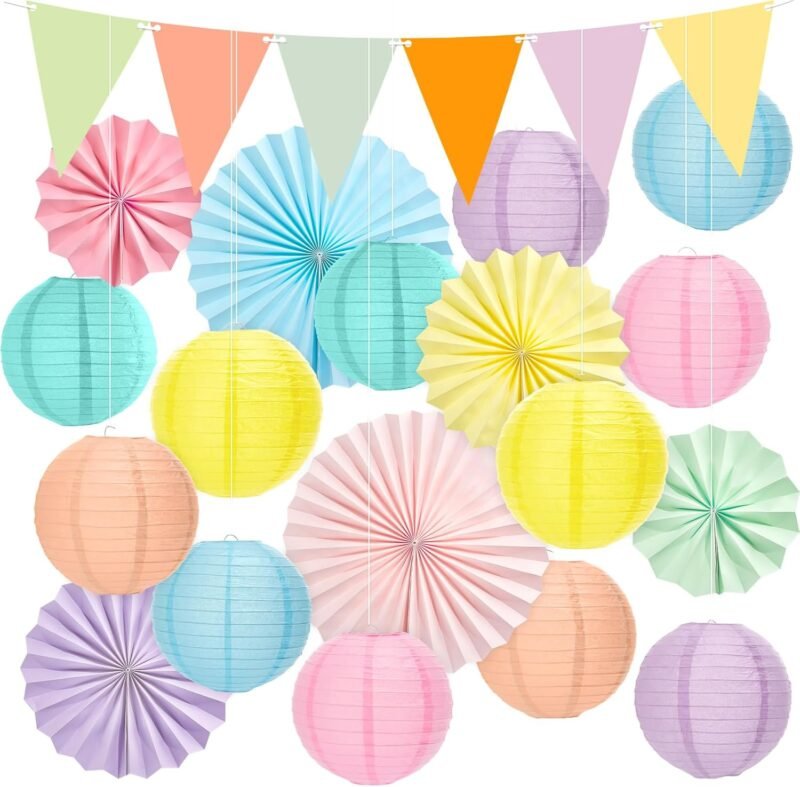21Pcs Pastel Classroom Decor Colorful Pastel Hanging Paper Lanterns Paper Fans Triangle Flags Banners Set Round Lantern for Back to School Ceiling Supplies Home Indoor Birthday Party Ceremonial Event