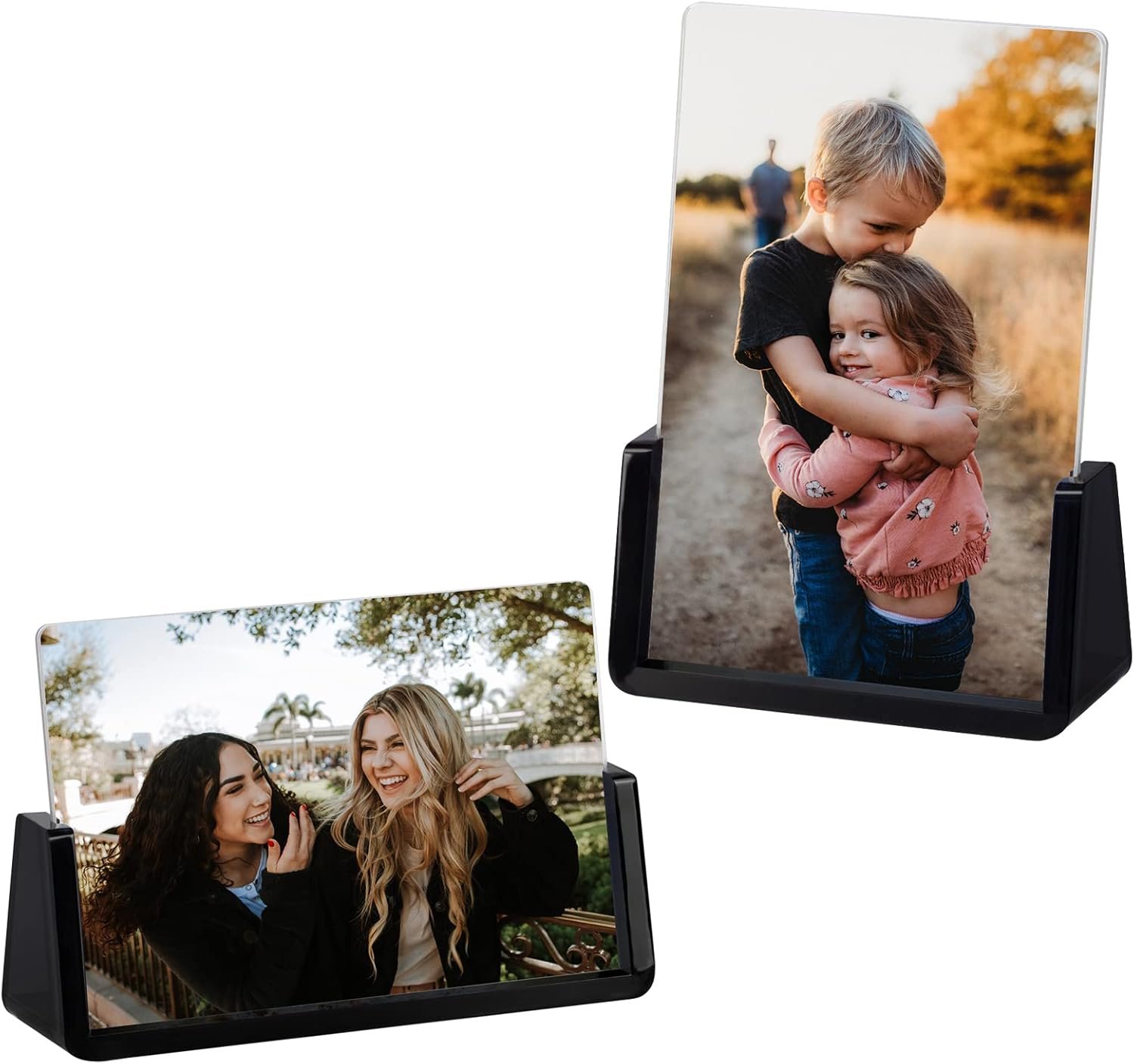 Boxalls 2 Pack Acrylic Picture Frames 4x6 with Translucent Black Base Stand, Frameless Photo Frame for Tabletop or Desktop Display (Horizontal + Vertical)