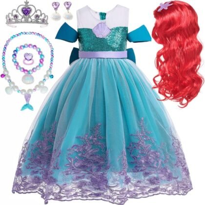 Princess Little Mermaid Costume for Girls Mermaid Wig Princess Ariel Cosplay Dress Up for Birthday Party Halloween Costume