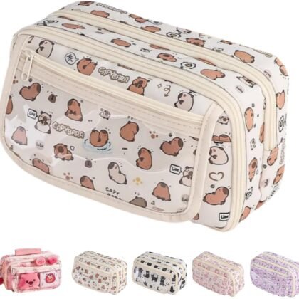 Cute Kawaii Pencil Case Pouch Cartoon Pen Box Holder Organizer for Office Workspace Supplies Desk Accessories Travel Essentials Aesthetic Trendy Cool Stuff Gift Large Capacity (White Kapibala)