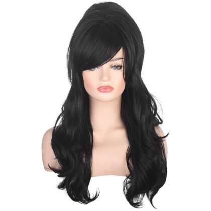 Women Black Beehive Wig Long Curly Wavy Bouffant Heat Resistant Synthetic Hair wigs for Womens Vintage Costume Cosplay Halloween Party