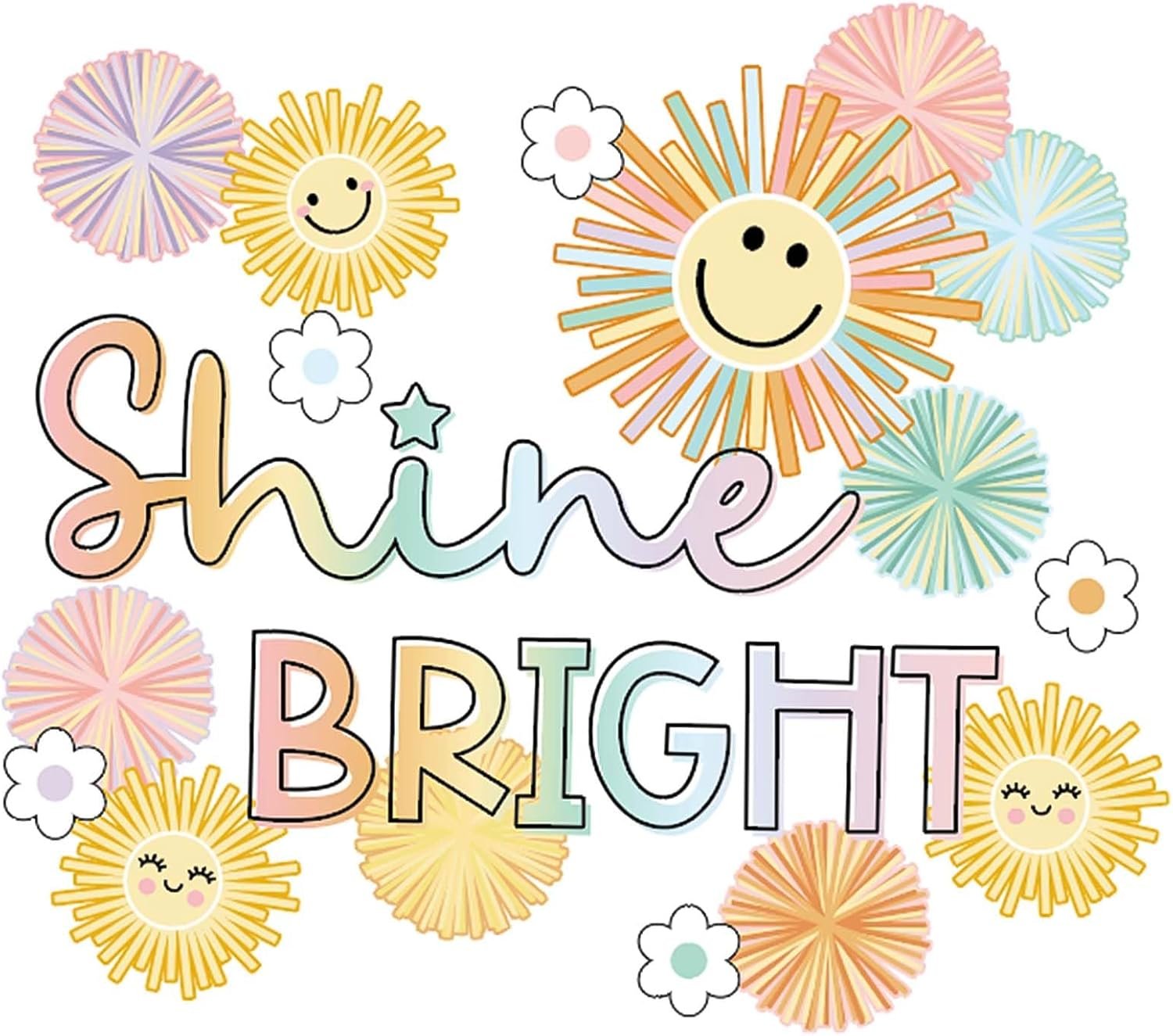 Summer Shine Bright Sun Bulletin Board Set Pastel Paper Cutouts with 100Pcs Glue Points Colorful Cute Sun Cut-Outs for School Classroom Home Sunshine Party Decor Supplies, 45Pcs