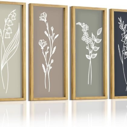 LITIVY Boho Wall Art 16”x7” Wooden Framed Floral Set of 4 Rustic Minimalist Botanical Farmhouse Bathroom Living Room Wall Decor (Naturals)