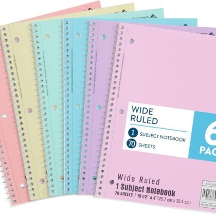 Blue Summit Pastel School Notebooks, 1 Subject Notebooks for School Wide Ruled, 6 Pack