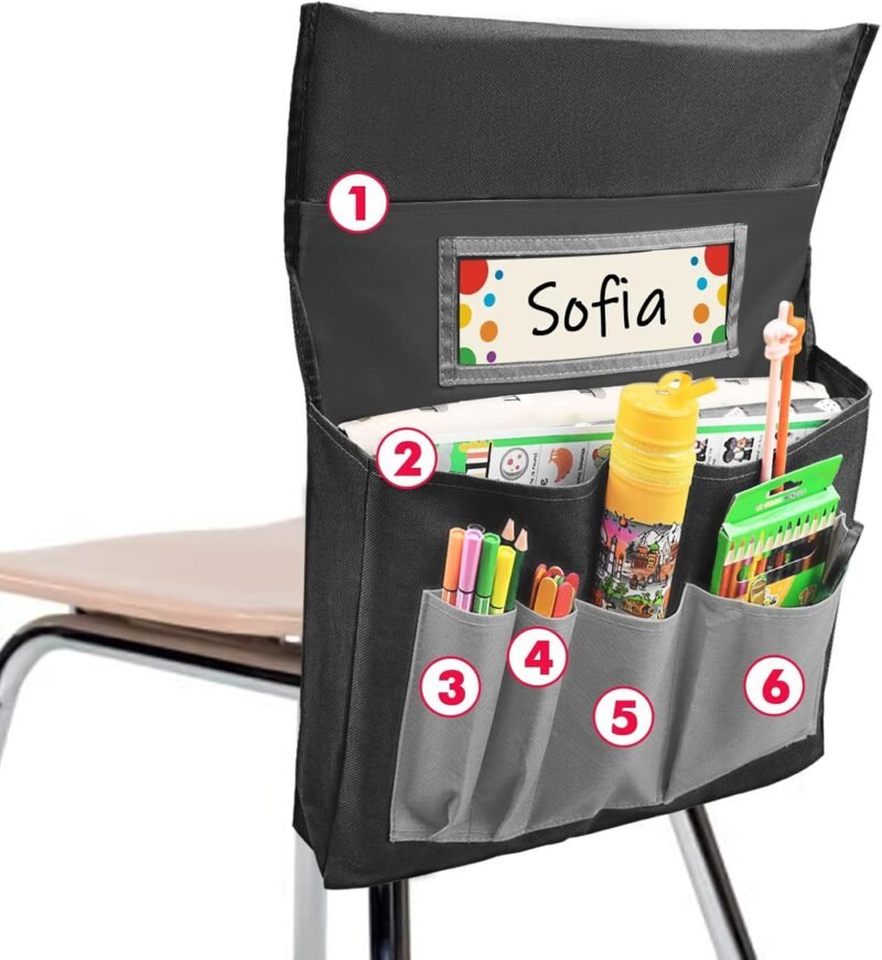 Black Chair Back Pocket School Seat Chair Storage Pocket Organizer with Label Slot Multiple Pockets for School Home Classroom Preschool Daycare - Image 2