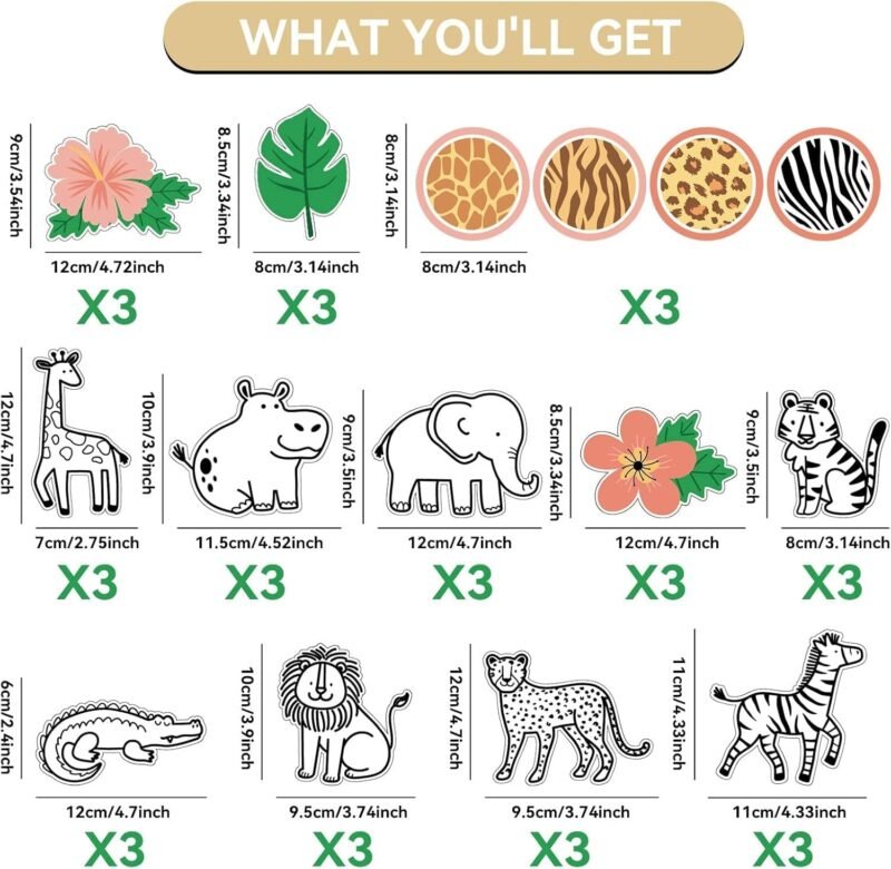 45Pcs Safari Jungle Animals Cutouts Bulletin Board Set Classroom Cutouts Safari Classroom Decor Back to School Bulletin Board Animals Leaves Cutouts for Teacher Baby Shower Wall Decor - Image 2