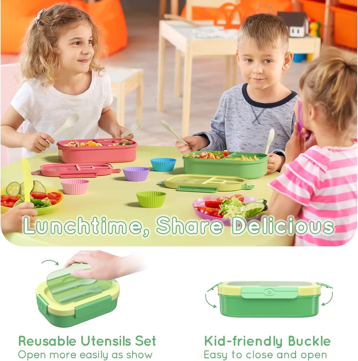 Bento Lunch Box Leakproof 44oz Kids Lunch Box Containers with 4 Compartment, Bento-Style Lunch Bento Box with Cutlery, Reusable Kid Back to School Meal/Snack Packing BPA Free (Green) - Image 4