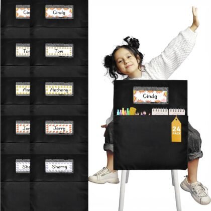 24 Pcs Classroom Chair Pockets, 19.49 x 15.94 inch Chair Pockets For Classroom, Seat Sacks for Classroom Chairs, Buddy Pocket, Chart Seat Back Organizer with Name Tag