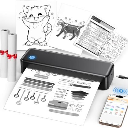 Portable Printer Wireless for Travel, Inkless Thermal Printer Supports 8.5 x 11 Inch Thermal Paper, Bluetooth Compatible with iOS, Android, Laptop Includes 2 Rolls & 10 Sheets of Paper Kit