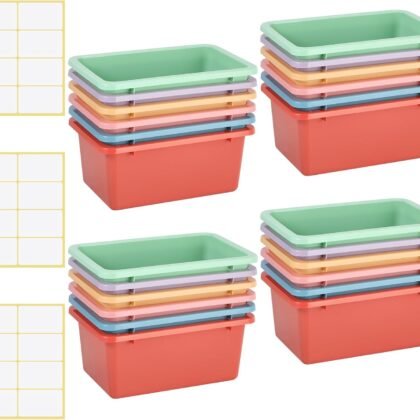 Outus 24 Pcs Macaron Color Plastic Cubby Bins with Self Adhesive Labels Stackable Classroom Book Bin Toy Storage Tub Organizer Container Box 11.6 x 7.7 Inch for Library Preschool Office Home, 6 Colors