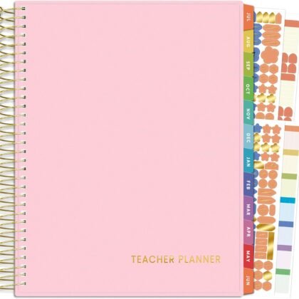 SUNEE Deluxe Teacher Planner 2025-2026, Lesson Planner Book with 7 Periods Jul 2025 - Jun 2026, 8.5" x 11" Daily Weekly and Monthly Organizers with Colorful Tabs, Planning Stickers,120gms Paper, Pink