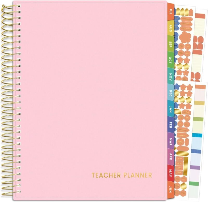 SUNEE Deluxe Teacher Planner 2025-2026, Lesson Planner Book with 7 Periods Jul 2025 - Jun 2026, 8.5" x 11" Daily Weekly and Monthly Organizers with Colorful Tabs, Planning Stickers,120gms Paper, Pink