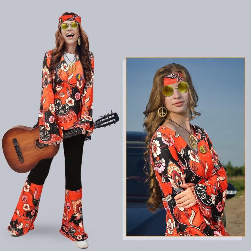 Jiuguva 17Pcs 60s 70s Outfits for Women Hippie Costume Set Disco Outfit Dress Boho Flared Pants Hippie Shirt Headband - Image 6