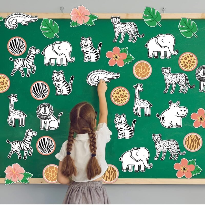 45Pcs Safari Jungle Animals Cutouts Bulletin Board Set Classroom Cutouts Safari Classroom Decor Back to School Bulletin Board Animals Leaves Cutouts for Teacher Baby Shower Wall Decor - Image 6
