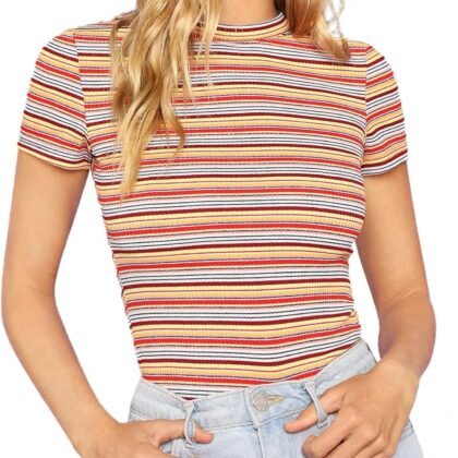 Milumia Women's Casual Multi Striped Ribbed Short Sleeve Solid Tee Knit Top
