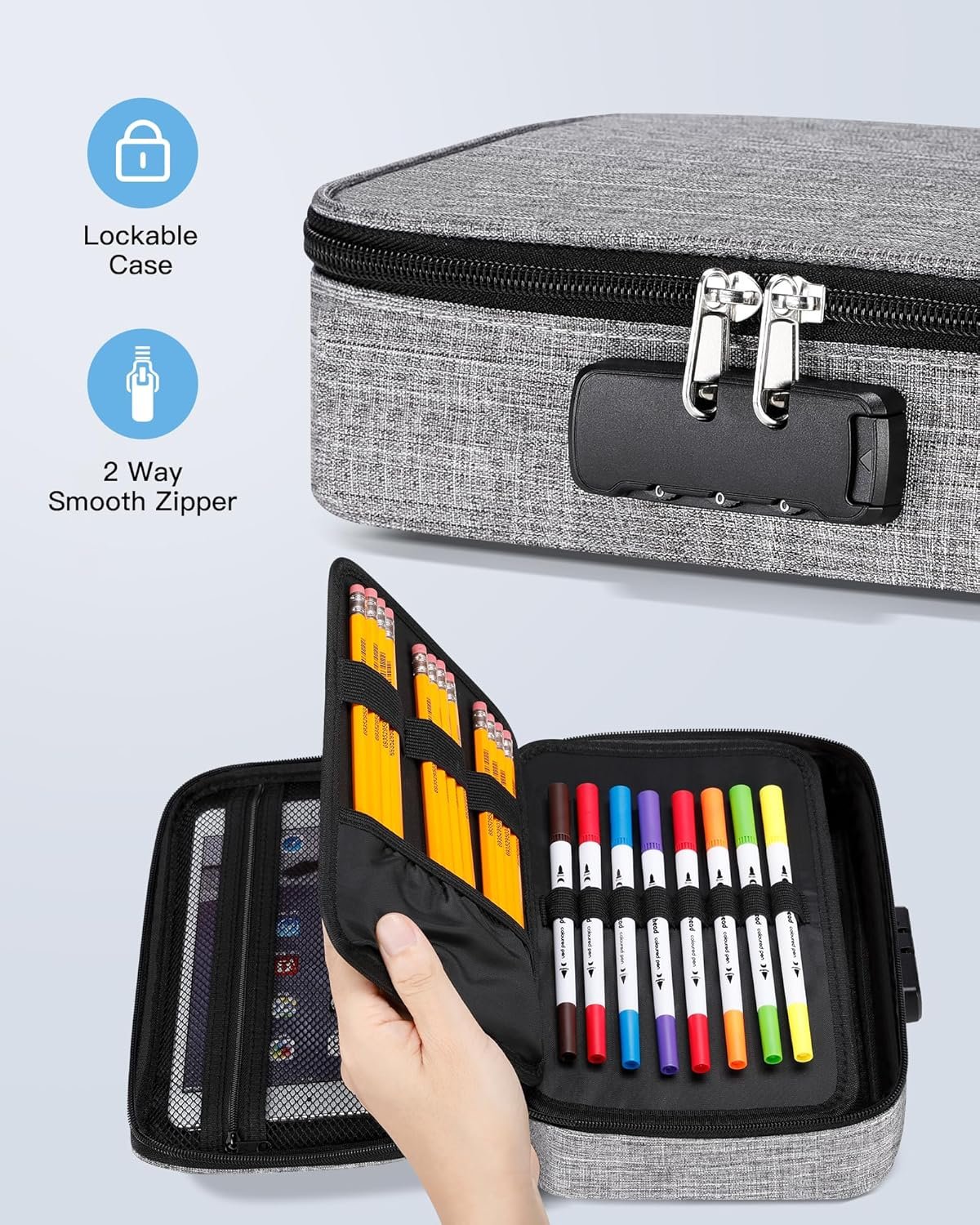 Zannaki Large Capacity Pencil Pouch Case with Lock, Pen Marker Stationery Bag Art Supply Storage Organizer Box for Bullet Journal Middle High School College Student Teen Girl Boy Women Adult, Grey - Image 2