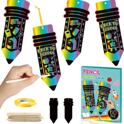 BeYumi 60Pcs Welcome Back to School Pencil Scratch Cards Gift Set for Kids DIY Magic Scratch Paper Art Bookmarks First Day of School Classroom Activity Art Project Party Favors