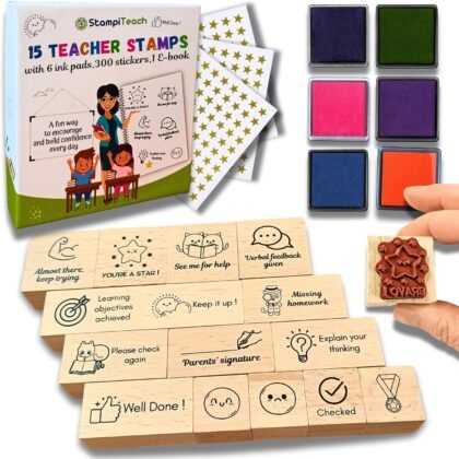 Teacher Stamp Set – 15 Durable & Motivational Wooden Teacher Stamps for Classroom Grading, 6 Ink Pads, Reward Stickers–Cute Elementary Teacher Must Haves, Teacher stationery, Back to School Essentials