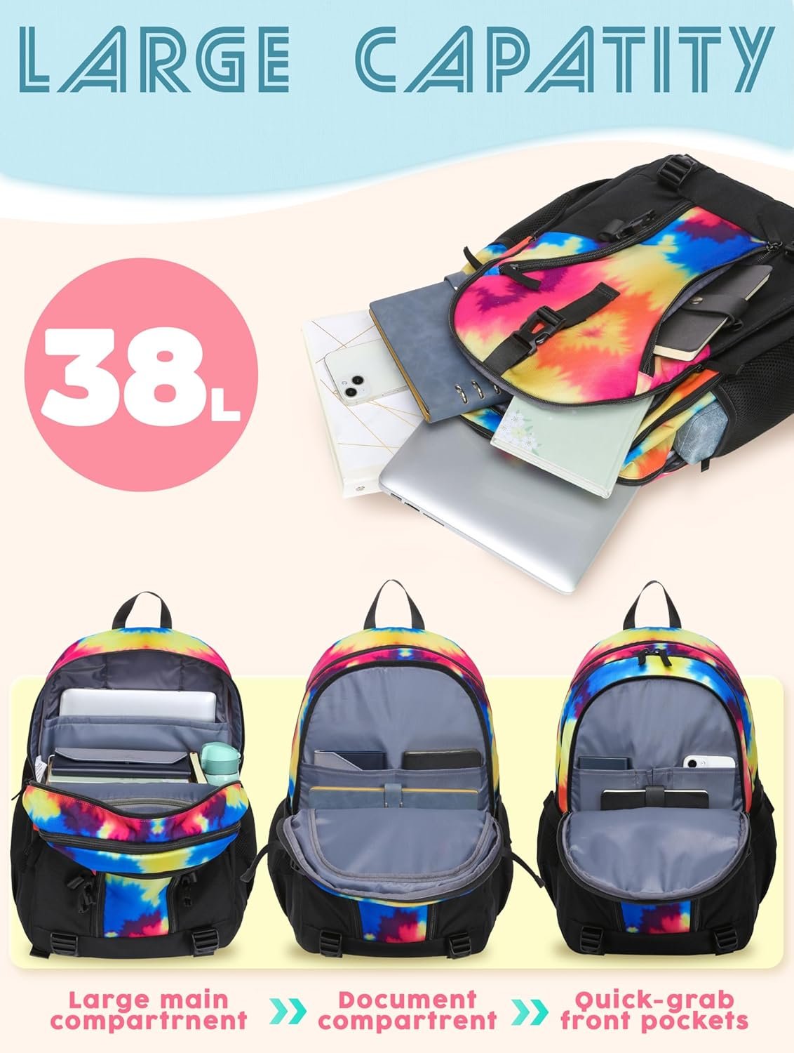 BLUEFAIRY High School Backpack for Girls Boys Middle School Bookbag for Kids Back to School Bag for College with Large Compartment Casual Daypack Mochilas para Niñas Adolescentes 18" Black Rose - Image 7