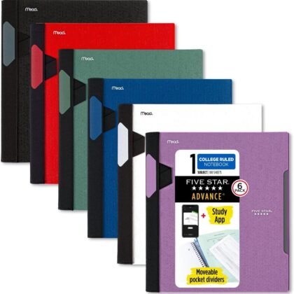 Five Star Advance Spiral Notebooks + Study App, 6 Pack, 1 Subject, College Ruled Paper, 11" x 8-1/2", 100 Sheets, with Spiral Guard and Movable Dividers, Black, Red, Blue, Green, White, Purple (38635)