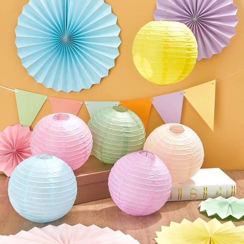 21Pcs Pastel Classroom Decor Colorful Pastel Hanging Paper Lanterns Paper Fans Triangle Flags Banners Set Round Lantern for Back to School Ceiling Supplies Home Indoor Birthday Party Ceremonial Event - Image 5