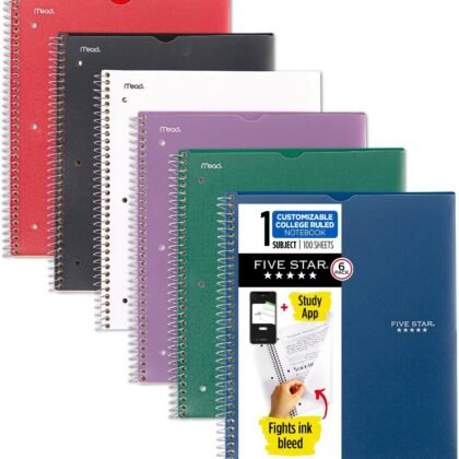 Five Star Spiral Notebook + Study App, 6 Pack, 1 Subject, College Ruled, 8-1/2" x 11", 100 Sheets, Fights Ink Bleed, Customizable Water Resistant Cover, Assorted Colors (820045-ECM)