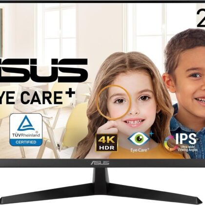 ASUS 27” 4K Eye Care Monitor (VY27UQ) - UHD (3840 x 2160), IPS, HDR10, Adaptive Sync, Eye Care Plus, Display Port, HDMI, Speaker, DisplayWidget, Blue Light Filter, Flicker Free, 3yr Warranty