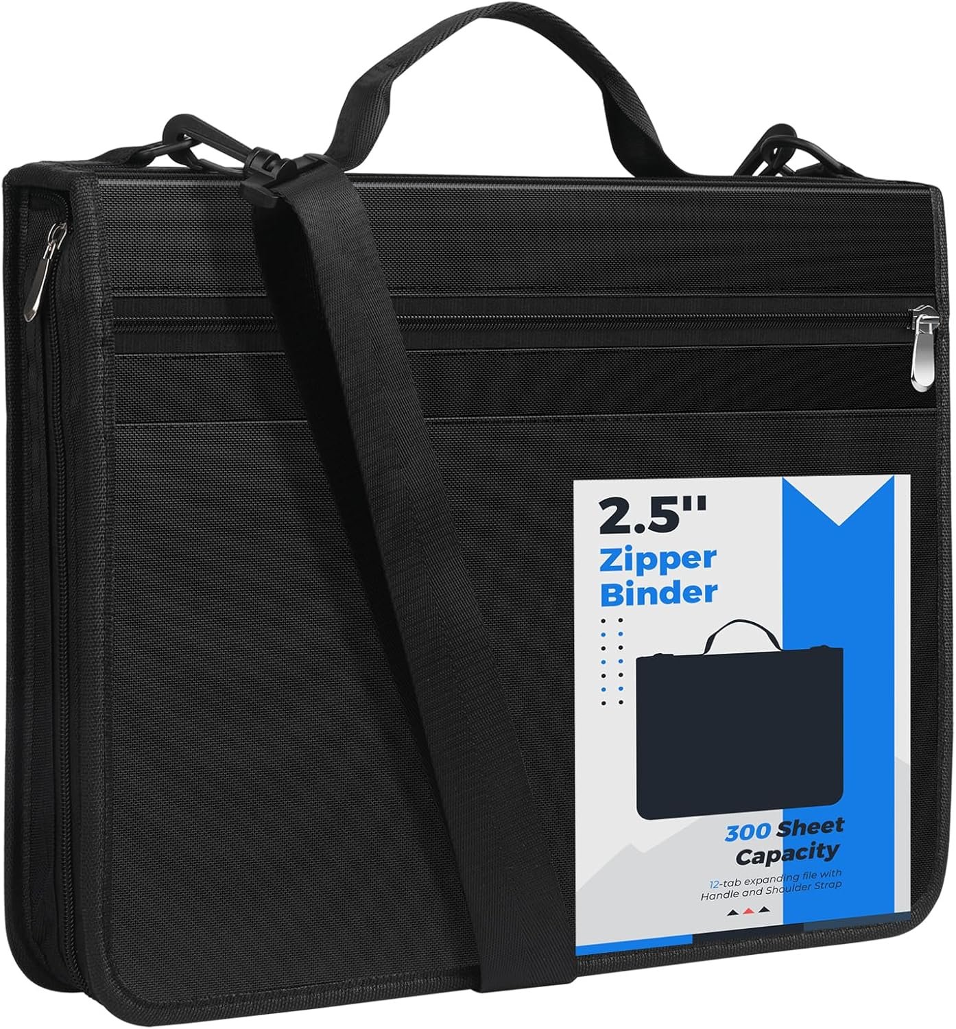 KTRIO Zipper Binder, Zippered Binder Bag with Handle and Shoulder Strap, Binder with 12 tabs, 2.5" 3 D Ring Zip Up Binder, Multi Pocket Organizer Binder, 300 Sheet Capacity, Black