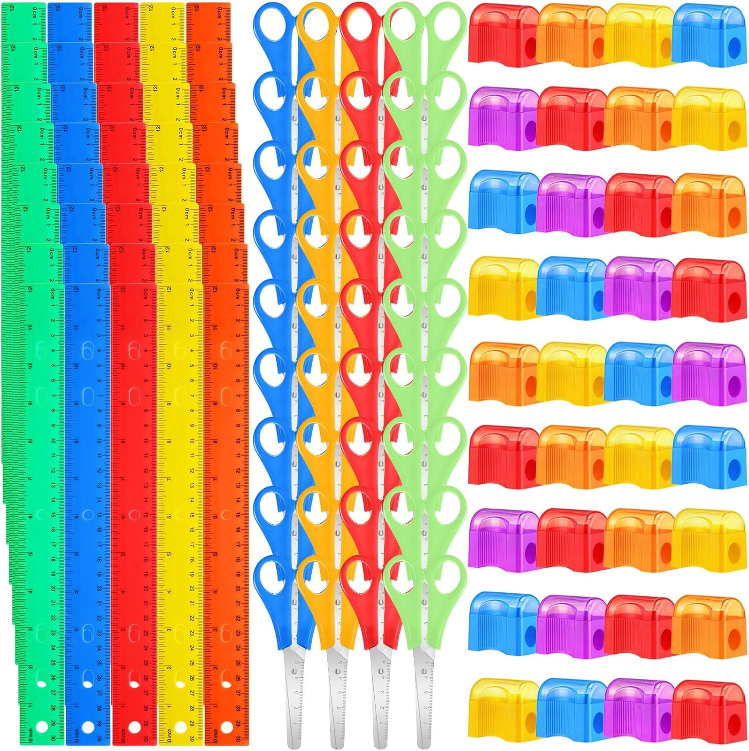 108 Pcs Back to School Supplies Kit Include 36 Clear Plastic Ruler 12 Inch 36 Safety Blunt Tip Student Scissors 36 Miniature Pencil Sharpeners with Cover for Classroom School Office