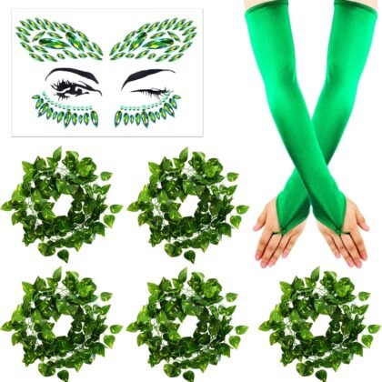 7 Pcs Halloween Poison Green Fake Ivy Costume Set Include Long Green Fingerless Gloves Artificial Ivy Vines and Face Jewels Stick for Women Party Dress Up