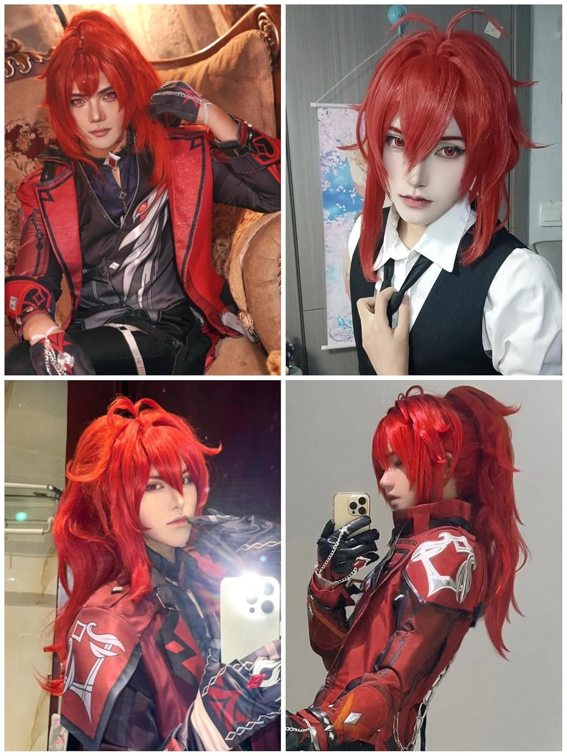 Diluc Cosplay Wig Red Ponytail Princess Wig with Bangs Red Pigtail Wigs for Women Men Halloween Party - Image 3