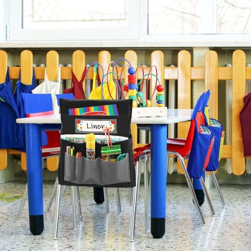 Black Chair Back Pocket School Seat Chair Storage Pocket Organizer with Label Slot Multiple Pockets for School Home Classroom Preschool Daycare - Image 6