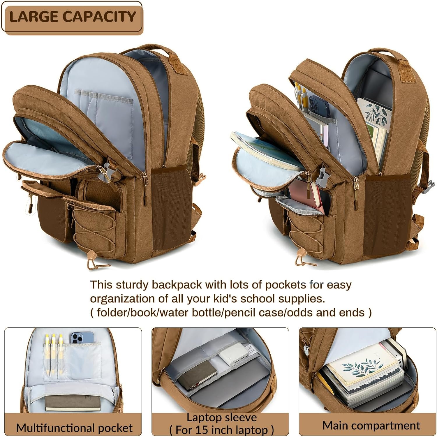 Lohol Water Resistant Daypack with Mulitiple Pockets for Travel Outdoor College, 15.6 inch Laptop Backpack for Men and Women (Brown) - Image 4