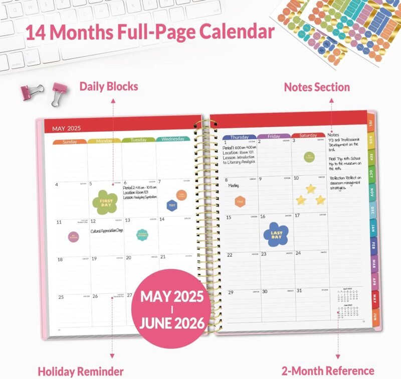 SUNEE Deluxe Teacher Planner 2025-2026, Lesson Planner Book with 7 Periods Jul 2025 - Jun 2026, 8.5" x 11" Daily Weekly and Monthly Organizers with Colorful Tabs, Planning Stickers,120gms Paper, Pink - Image 4
