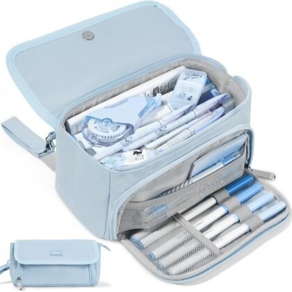 Sooez Super Large Pencil Case, Big Capacity Pencil Bag with 3 Compartments, can hold 100 pencils,Cute Pencil Pouch with Zipper,Portable Stationery Pen Bag,Aesthetic School Supplies For Girls,Haze Blue