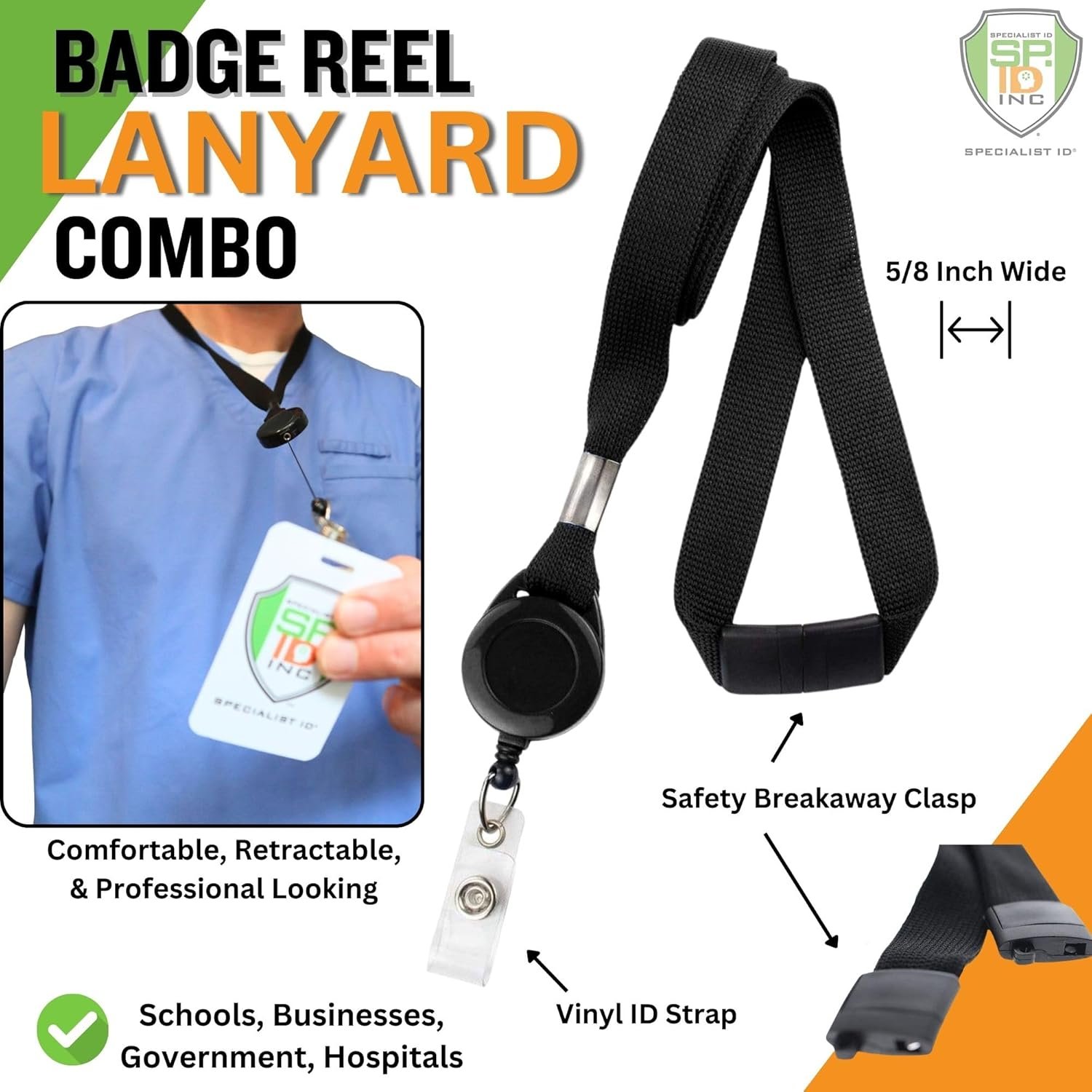 Specialist ID 5 Pack - Comfort Black Breakaway Lanyard & Retractable Badge Reel Combo - Image 2