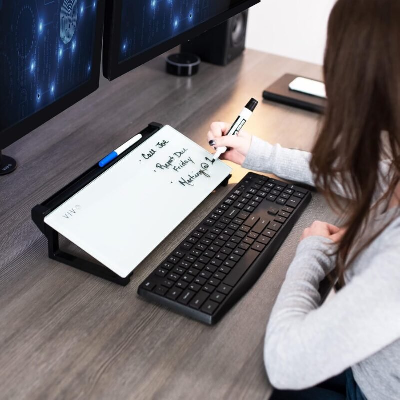 VIVO Glass 16 x 7 inch Desktop Whiteboard with Marker Slot and Open Storage, Dry Erase Non-Streak White Surface, Black Frame, DESK-WB16D - Image 2