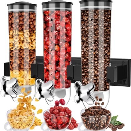 Triple Food Dispenser Wall Mounted Cereal Dispenser, Grains Dispenser Wall Mounted Dry Food Dispenser with 3 Cup, Candy Dispenser Snack Container for Kitchen Store Nut Coffee Beans 4.5L