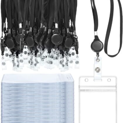 Marspark 50 Set Lanyard with ID Holder Include Flat Lanyard with Retractable Badge Reel and Clear Vertical Card for Offices(Black)