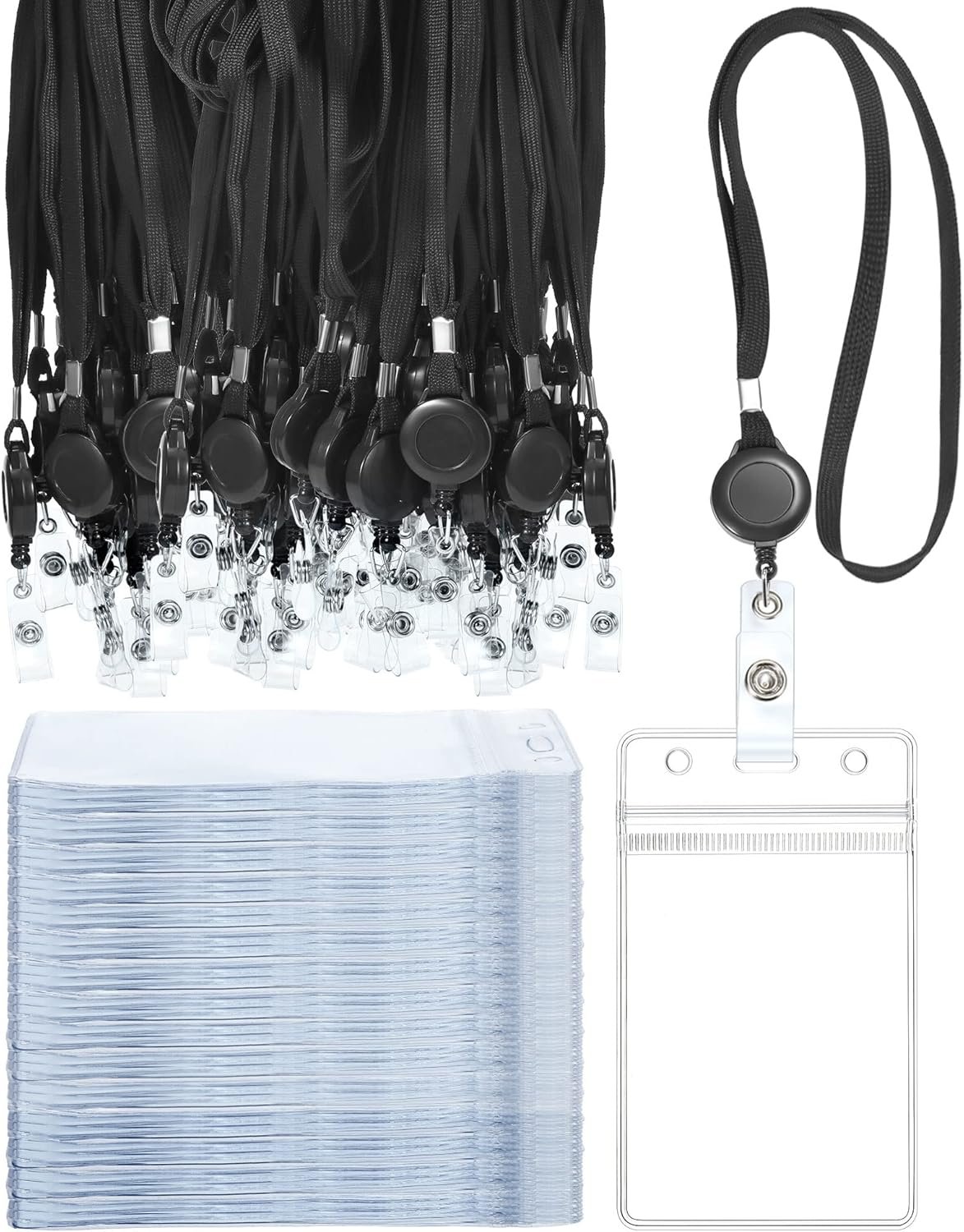 Marspark 50 Set Lanyard with ID Holder Include Flat Lanyard with Retractable Badge Reel and Clear Vertical Card for Offices(Black)