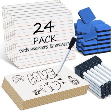 24 Pack Dry Erase Boards, 9"x12" Double Sided Easel Small Whiteboards with Lines for Kids, Students, Education Teacher Classroom, Mini Portable Drawing Learning White Boards with 24 Makers, 24 Erasers