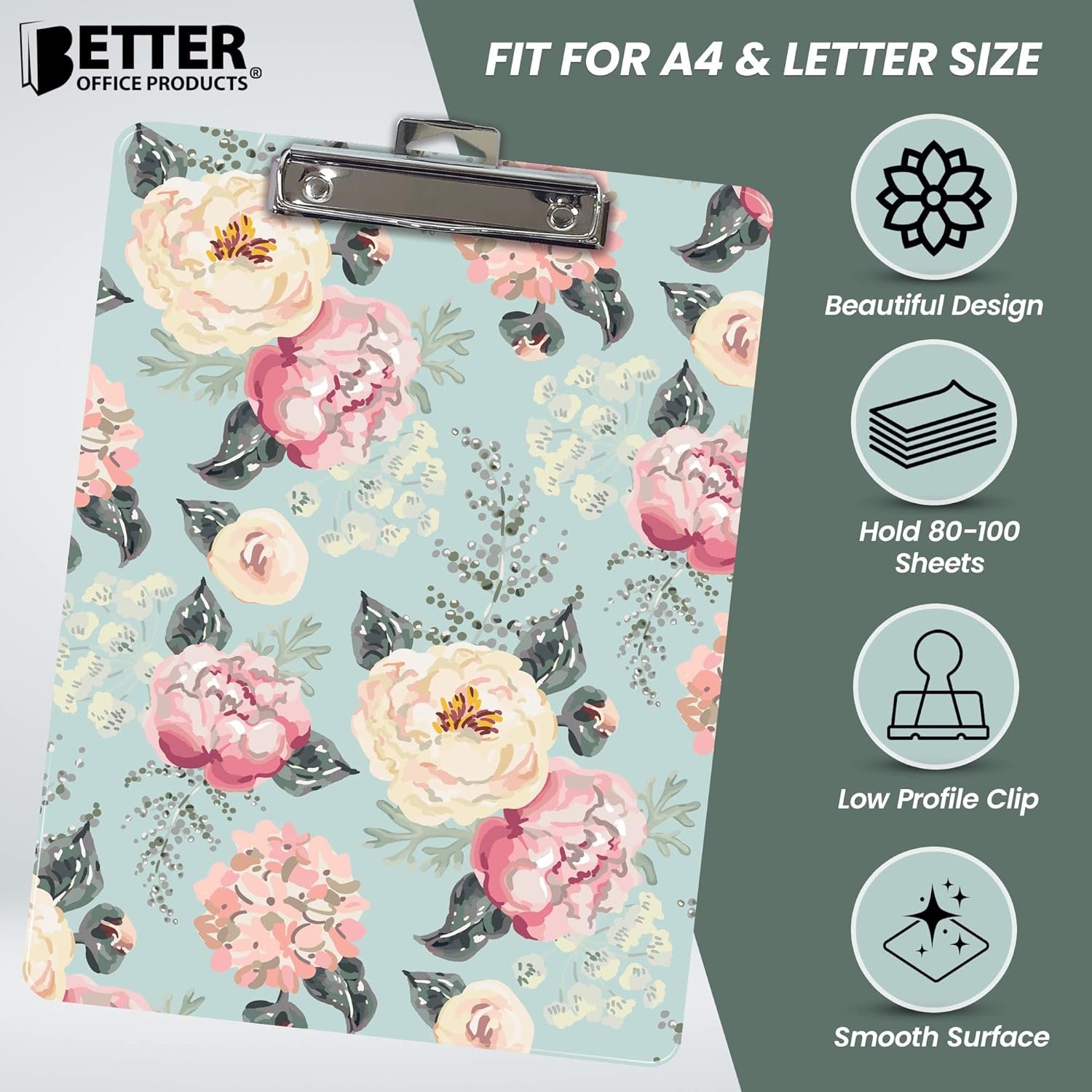 Better Office Products Fashion Clipboard, Floral Design, Standard A4 Letter Size, 12.5" x 9", Wooden Clipboard, Low Profile Clip, Retractable Hanging Tab, Decorative Clipboard (Victorian Floral) - Image 2