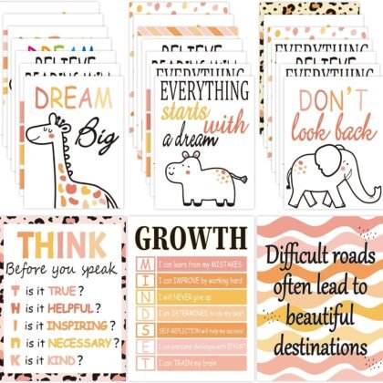 12 Simply Safari Inspirational Quotes Posters for Classroom Decor Signs Boho Neutral Motivational Bulletin Board Safari Themed Wall Art Growth Mindset Board Sign for Kids Kindergarten Unframed (8×10)