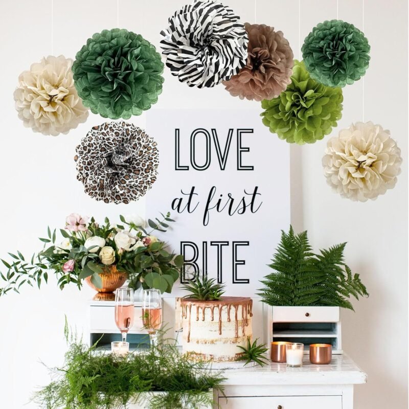 ANSOMO Jungle Safari Tissue Paper Pom Poms Wild Animal Leopard Zebra Print Cheetah Party Decorations Sage Green Brown Flowers Wall Hanging Décor Table Centerpieces Supplies Birthday Bridal Baby Shower - Image 4